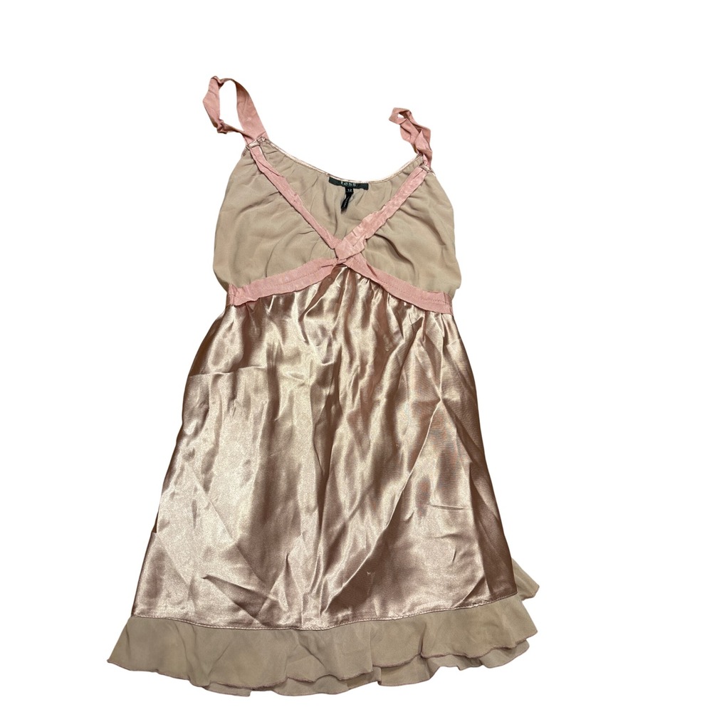 Tess‎ Champagne Satin Ruffle Hem Babydoll Chemise Nightgown Pink Trim Size 12